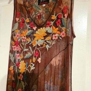 Johnny Was Sheer Brown Tank with Floral Embroidery